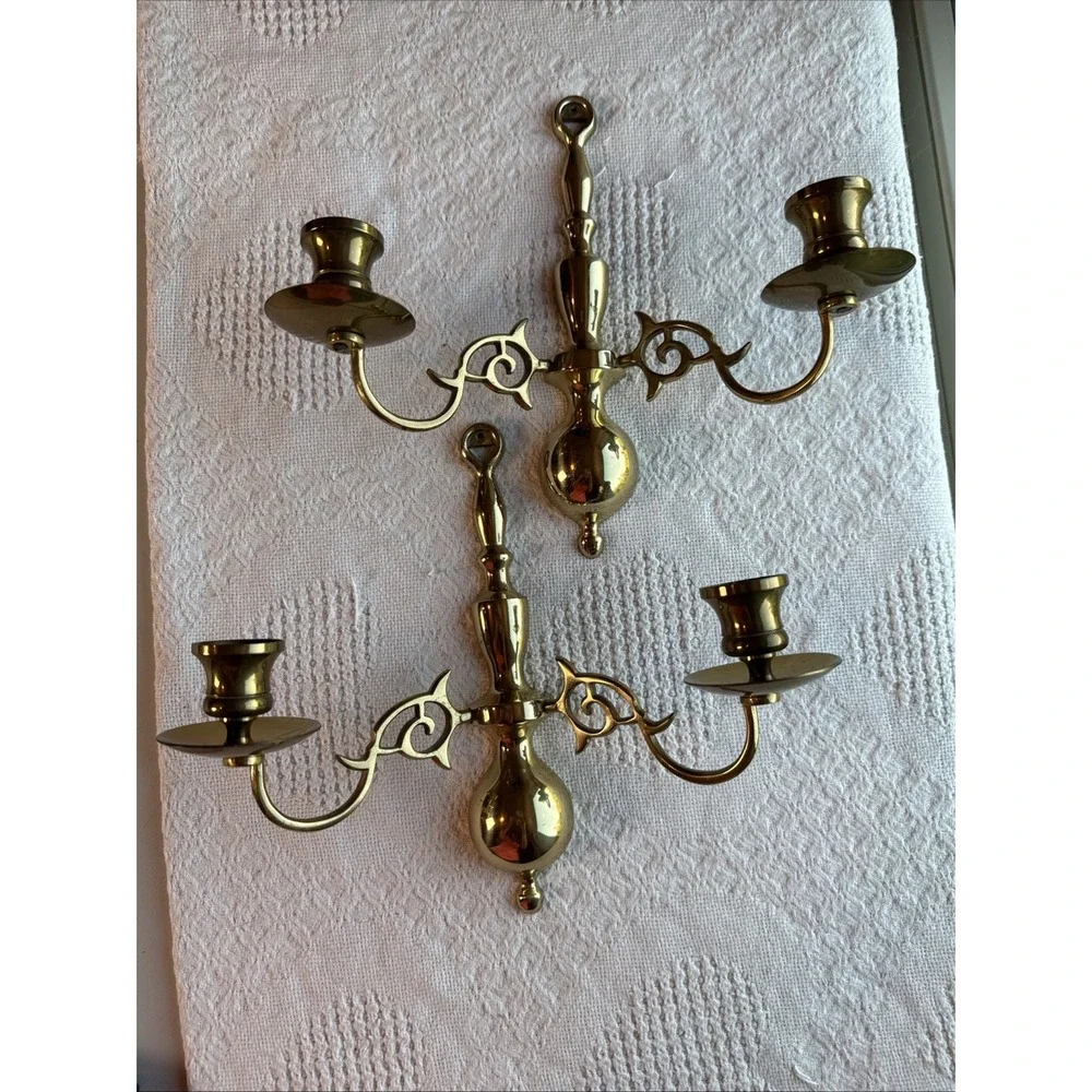 VTG Brass 2-Arm Wall Sconce Candle Holders Polished Gold Baroque Scroll Set of 2